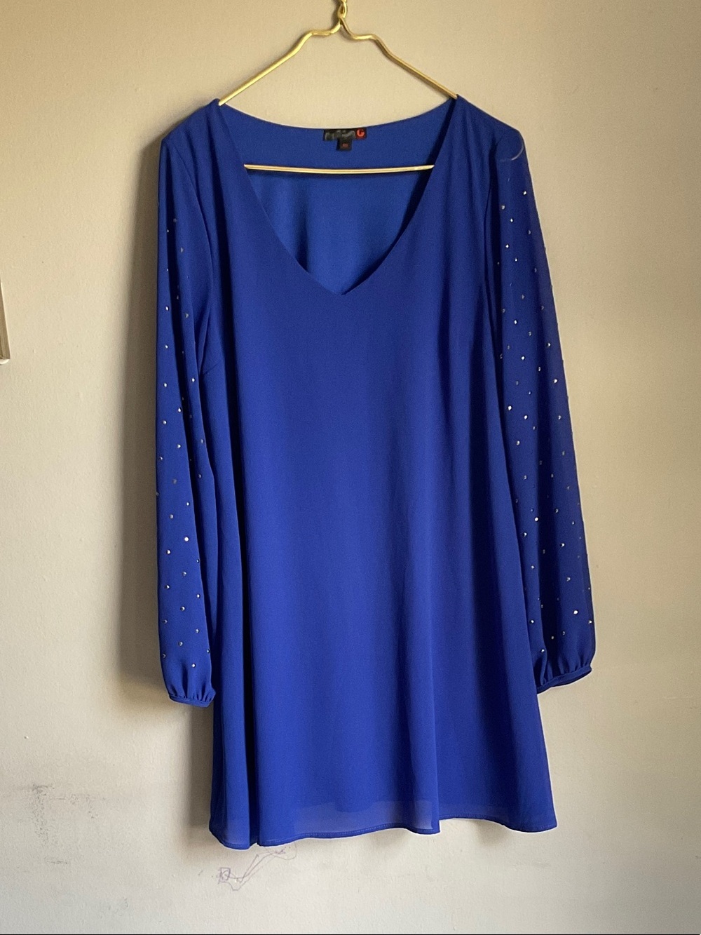 Guess Royal Blue V-Neck Long Sleeve Mini Dress with Embellished Sleeves